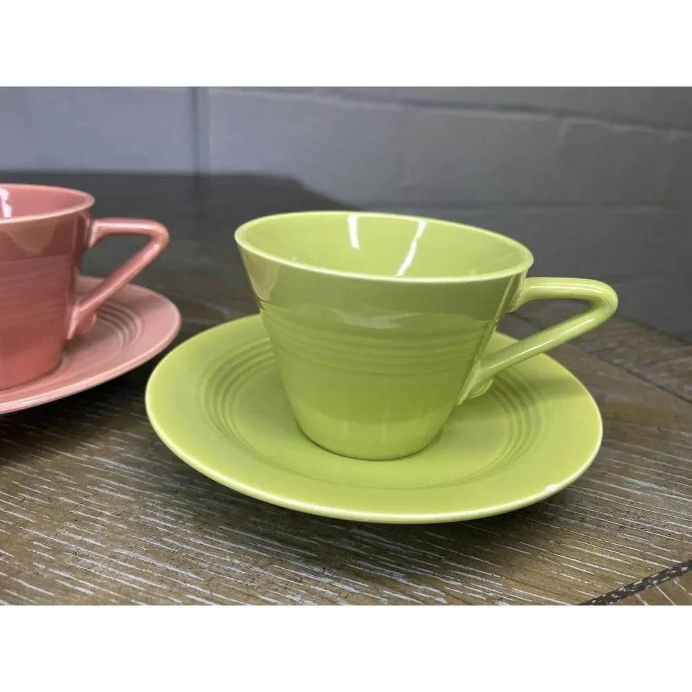 Homer Laughlin China - Harlequin 4 Cups 3‎ Saucers - Chartreuse Yellow Blue Rose